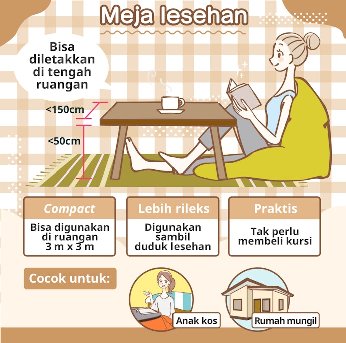 Meja lesehan, nyaman selonjoran meski ruangan terbatas