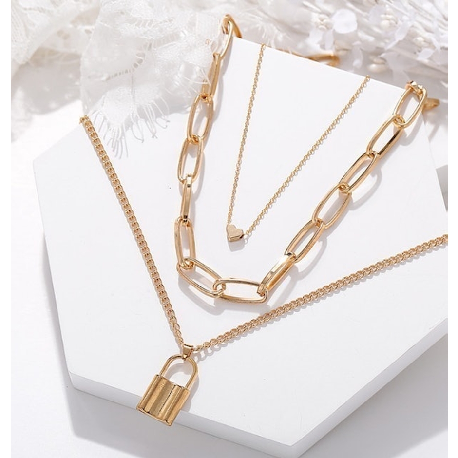 Kalung Rantai 3 Layer dengan Liontin Gembok Hati Translation missing: id.activerecord.decorators.item_part_image/alt