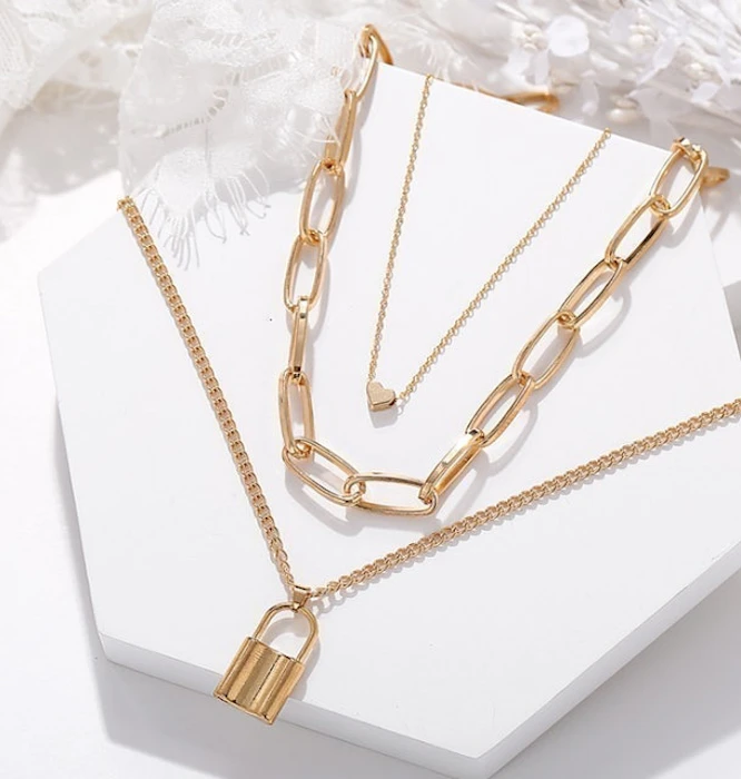 Kalung Rantai 3 Layer dengan Liontin Gembok Hati Translation missing: id.activerecord.decorators.item_part_image/alt