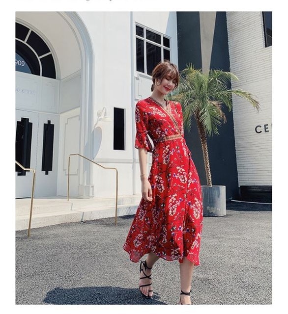 Bohemian Vintage Red Floral Print Summer Chiffon Dresses Translation missing: id.activerecord.decorators.item_part_image/alt