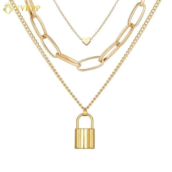 Kalung Rantai 3 Layer dengan Liontin Gembok Hati Translation missing: id.activerecord.decorators.item_part_image/alt