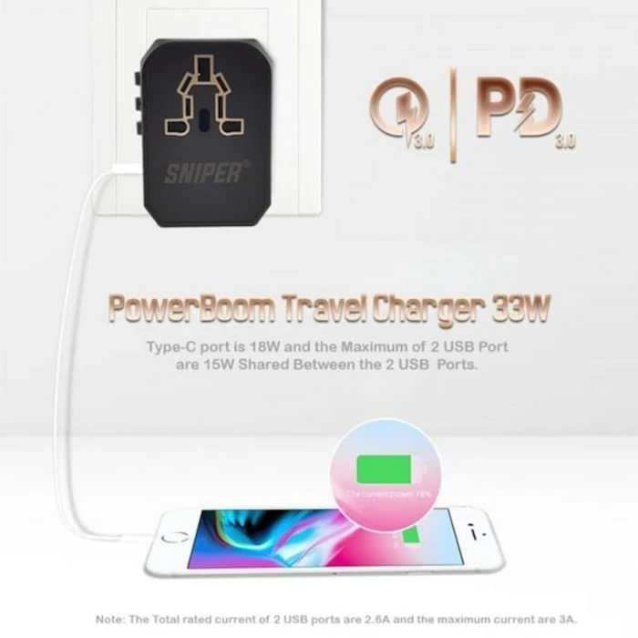 Sniper Powerboom Universal Travel Adapter 33W PD+QC Translation missing: id.activerecord.decorators.item_part_image/alt