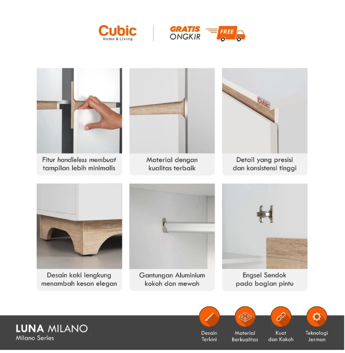 Cubic Home Living Cubic Luna Milano Lemari Pakaian 3 Pintu