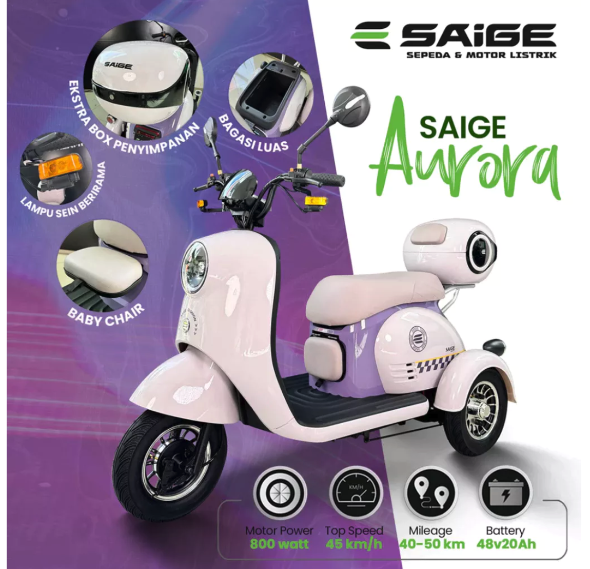 SAIGE Electric Vehicle Technology SAIGE Sepeda Listrik Roda Tiga Aurora
