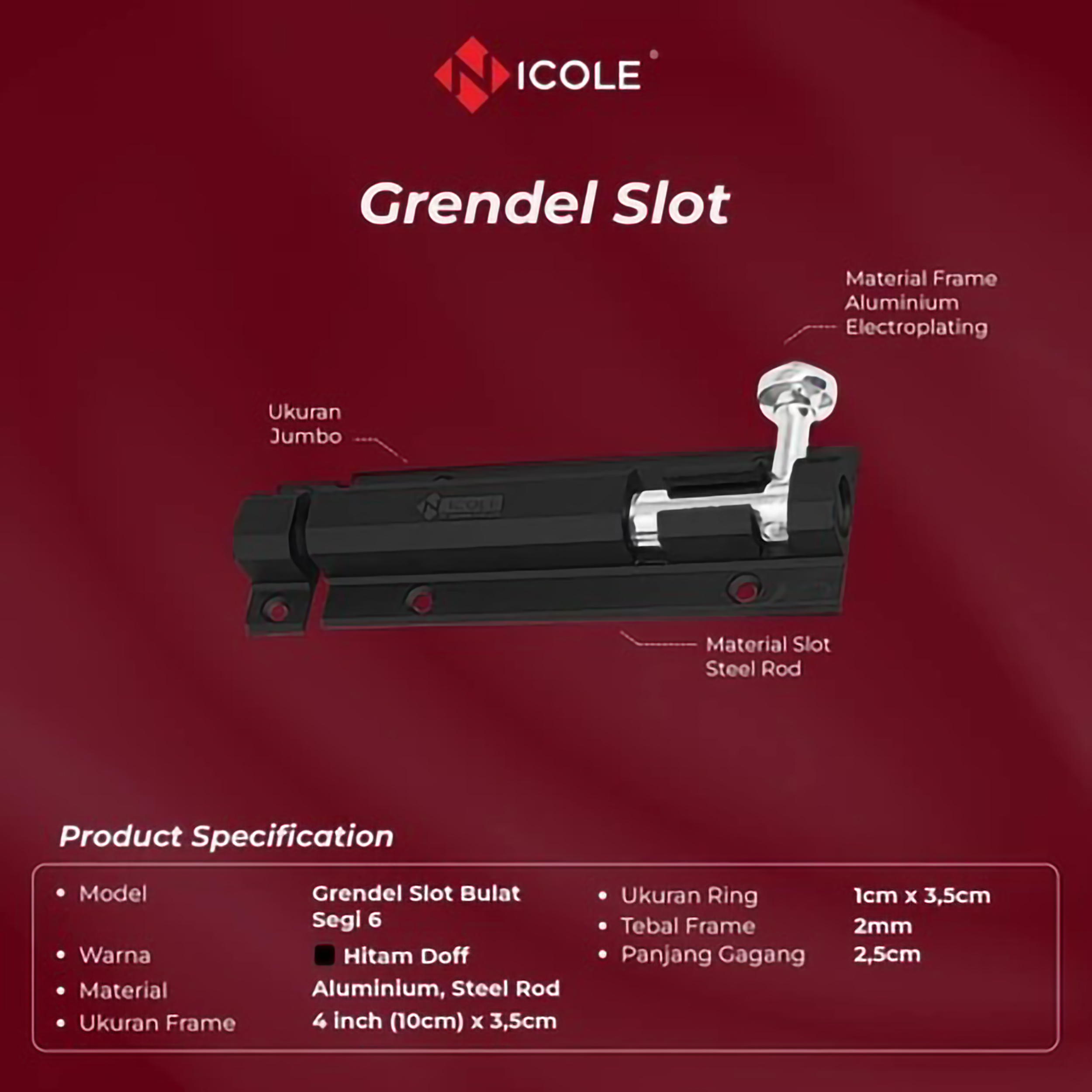 Arga Anggala Sentosa Nicole Grendel Slot Pintu Bulat Segi 6 / Hexagon Door Bolt Black