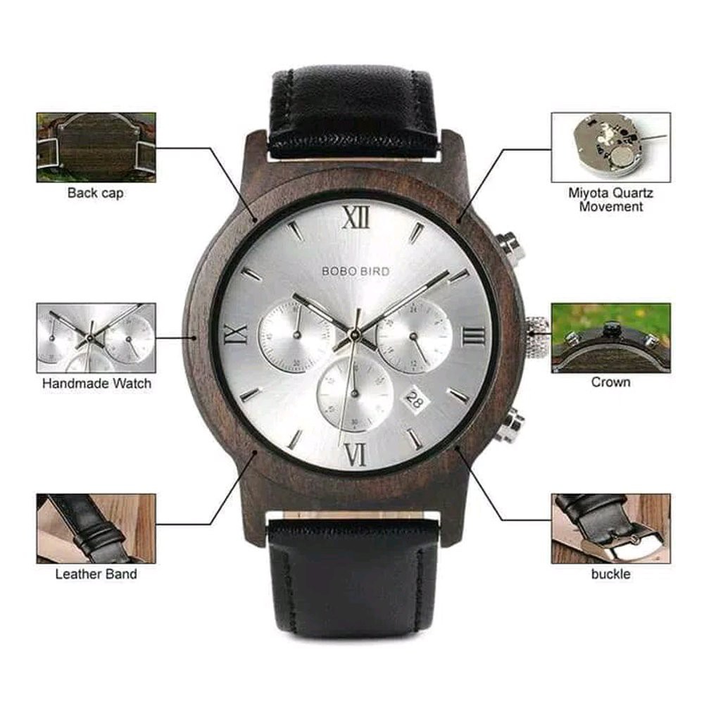 BOBO BIRD Jam Tangan Kayu Pria Leather Strap WP28