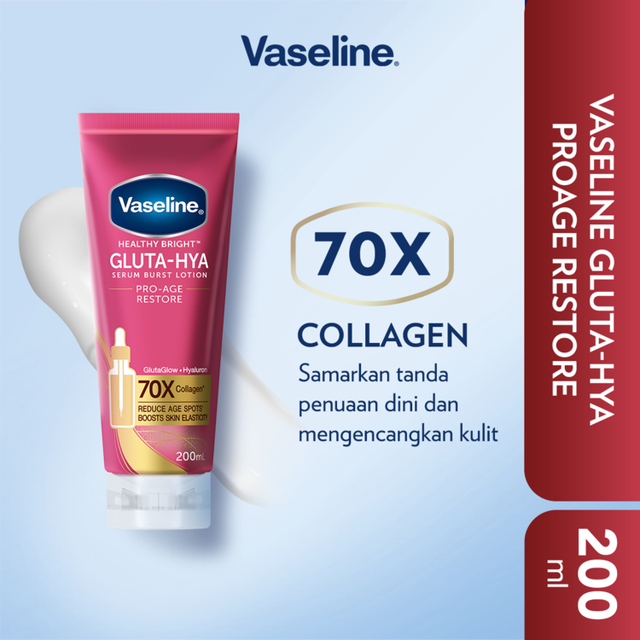 Unilever Indonesia Vaseline® Healthy Bright Gluta-Hya Serum Burst Lotion Pro-Age Restore 70X Collagen
