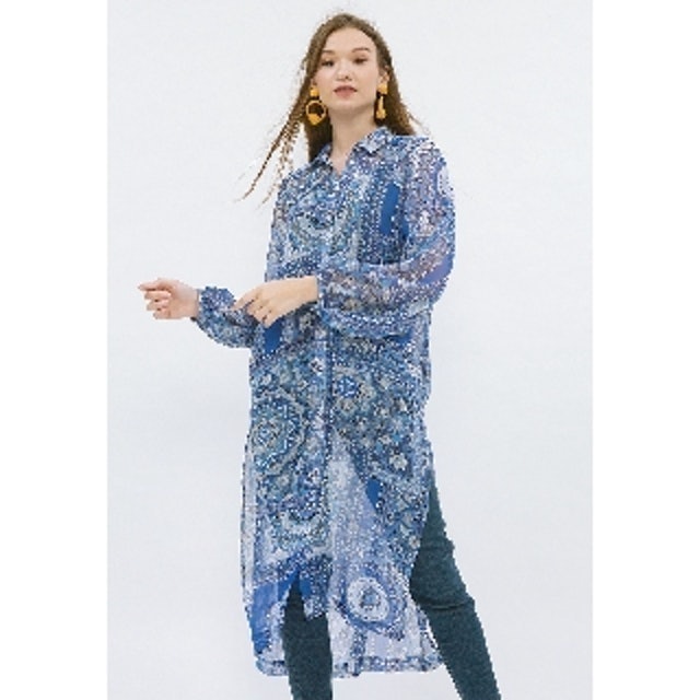 Minimal Decorative Mandala Shirt Dress Blue