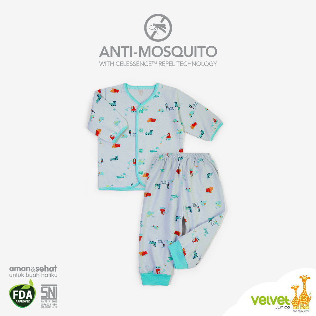 Evergreen Buana Prima Sandang Velvet Junior Baju Bayi Anti Nyamuk Setelan Panjang Kancing Tengah