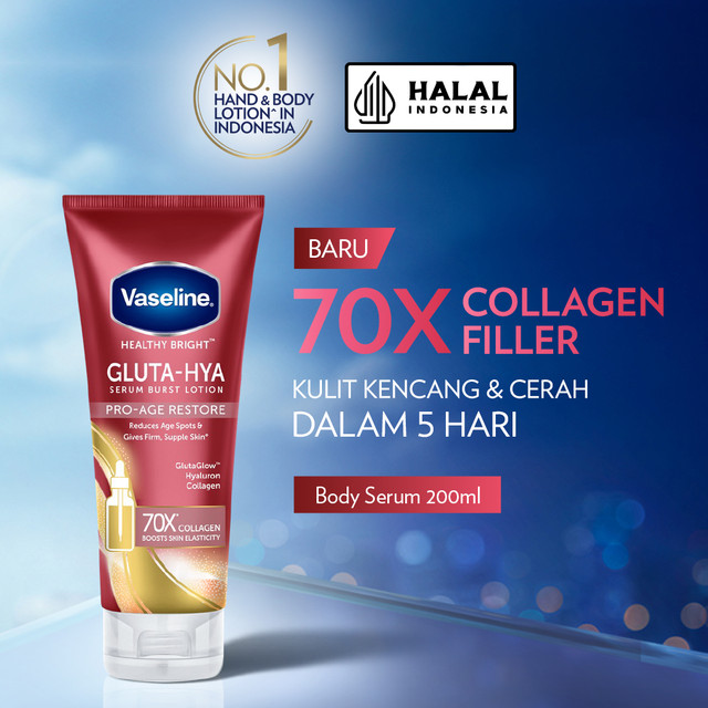Unilever Indonesia Vaseline® Healthy Bright Gluta-Hya Serum Burst Lotion Pro-Age Restore 70X Collagen