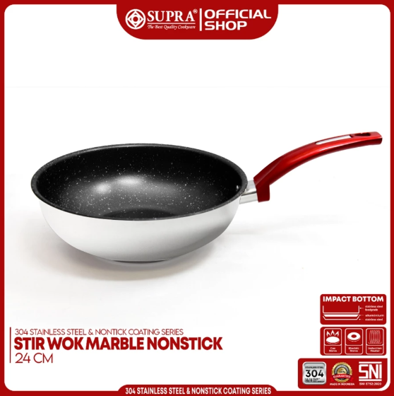 Supra Teratai Metal Supra Panci Stainless SUS 304 Stir Wok Marble 24 Cm Red 