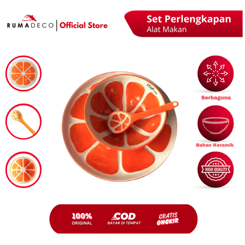  Rumadeco Piring Mangkok Sendok Keramik Set Motif Buah