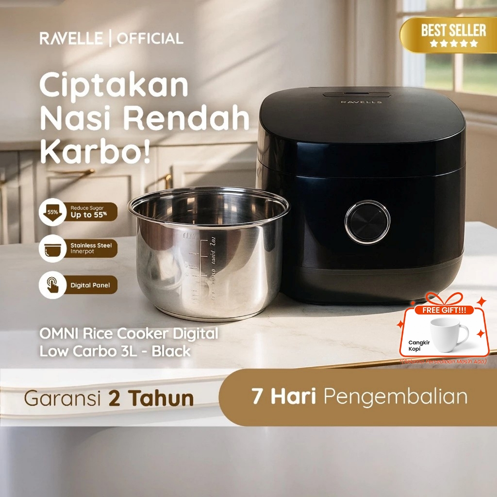 Ravelle Omni Rice Cooker Digital Low Carbo Stainless Steel 1.2 Liter Nasi (3L)
