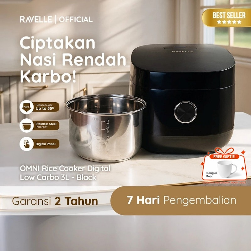 Ravelle Omni Rice Cooker Digital Low Carbo Stainless Steel 1.2 Liter Nasi (3L) 3