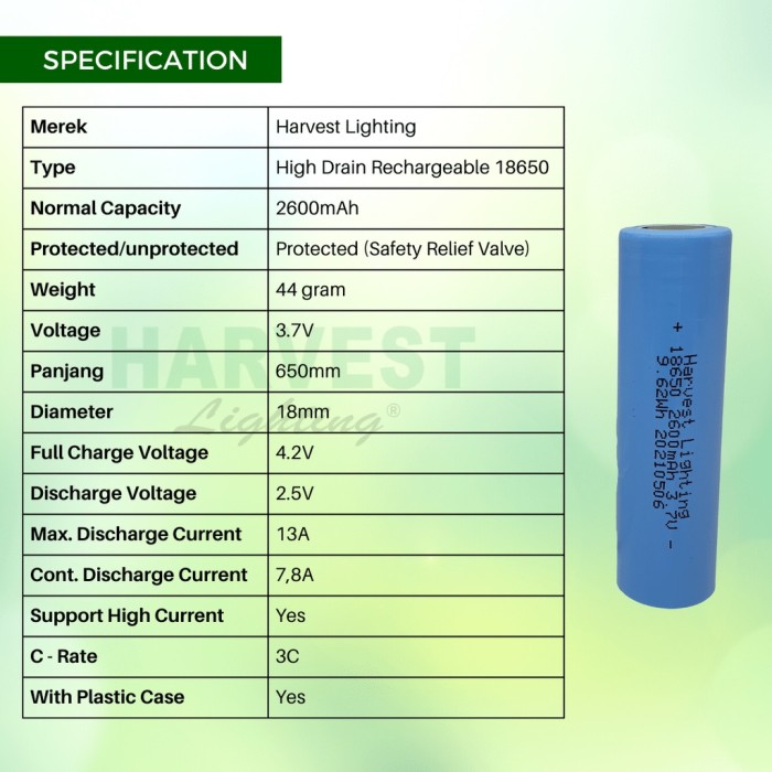 Harvest Lighting Harvest Lighting 18650 Battery Ion Lithium 2600 mAh Flat Head