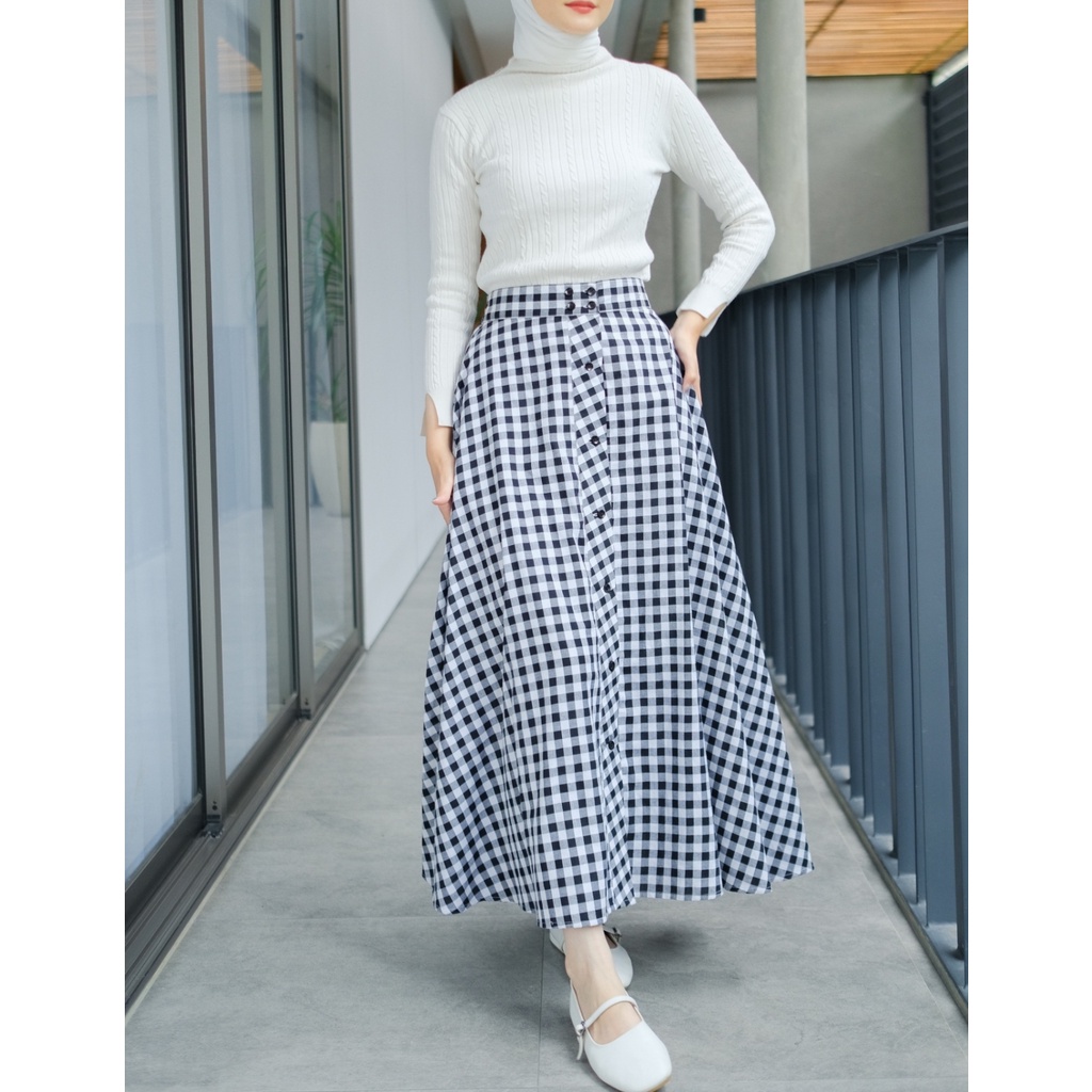 Zizava SKirt - Rok Flare Kancing Motif Gingham Kotak