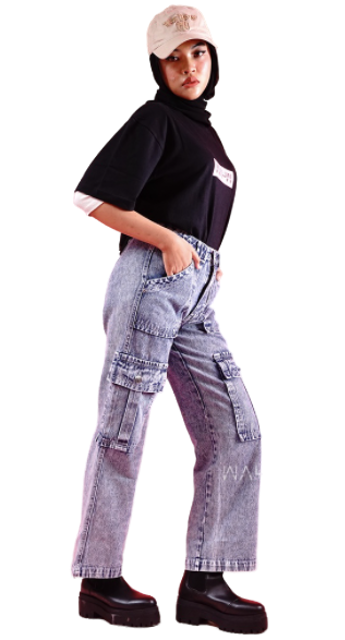 Highwaist Cargo Loose Jeans Snow Blue 1188 Crue