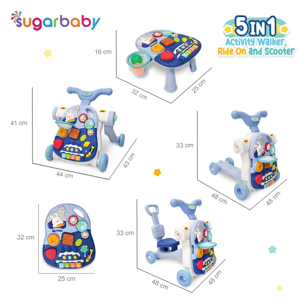 Kindalin Utama Internasional SugarBaby 5in1 Activity Walker, Ride-On, and Scooter