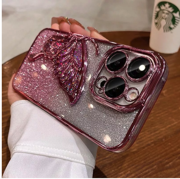  Luxury Quicksand Glitter Butterfly Case For iPhone 17 Pink