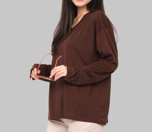 Monellina Kaos Oversize Wanita Lengan Panjang V-Neck Polos
