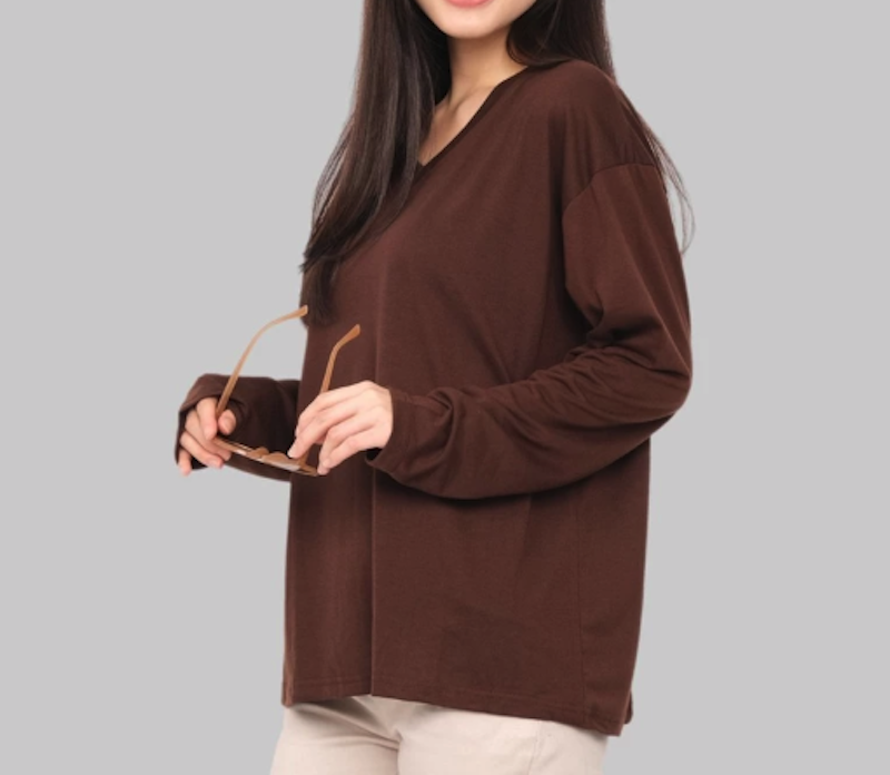 Kaos Oversize Wanita Lengan Panjang V-Neck Polos 3