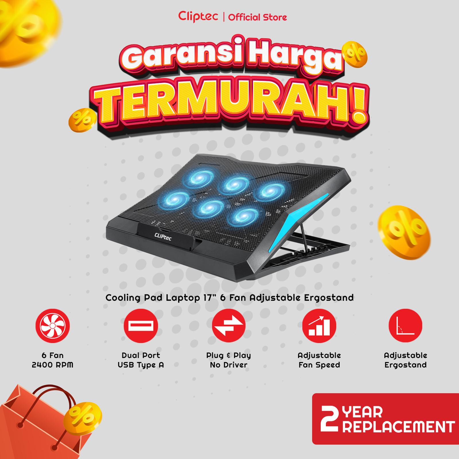 Cliptec Technology Cliptec Cooling Pad Laptop 6 Fan Adjustable Ergostand RZC180
