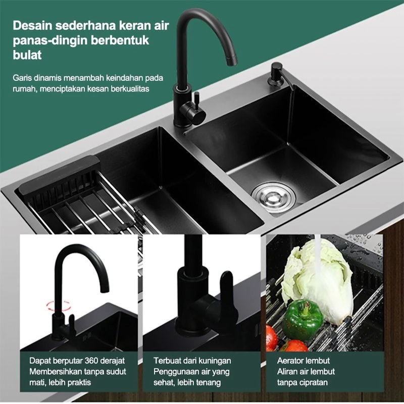 Lenodi Set Wastafel Stainless Steel Two Slots Black 2