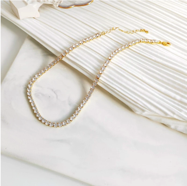  Kalung Tennis Full Batu Permata Bling Choker Gold 33 cm