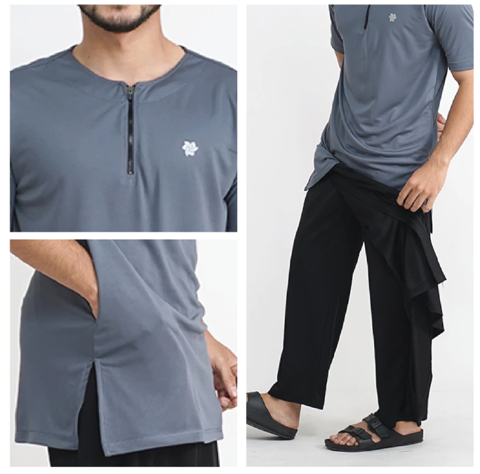 Tiento Indonesia Juara Tiento Setelan Baju Muslim Kurta Lengan Pendek Zipper Celana Sarung 2in1