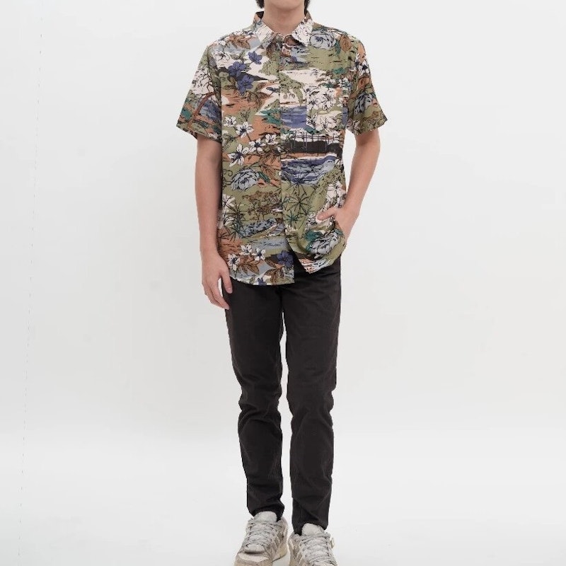 M231 Kemeja Pria Printing Pendek Olive 4