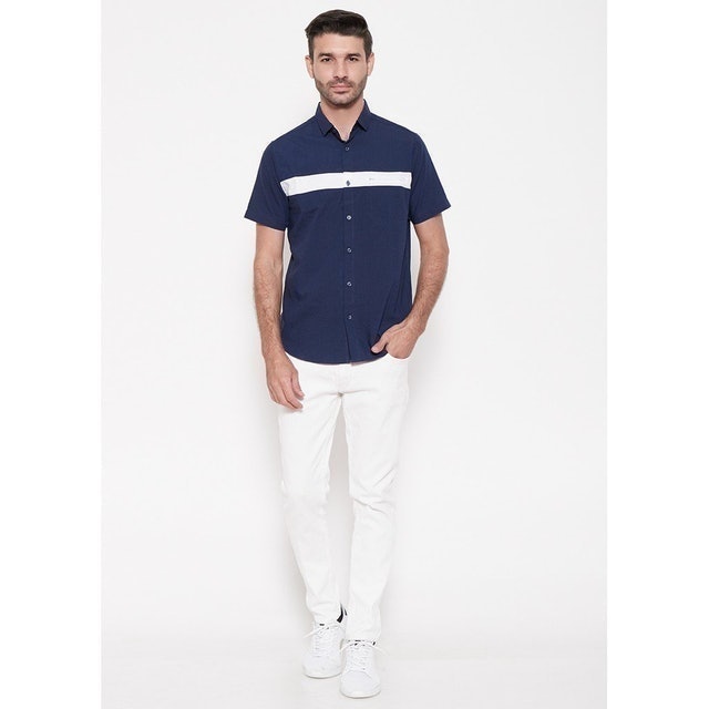 Kemeja Pria Basic Combination Oxford Pendek Warna Navy 5