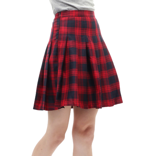 Rok Midi Wanita Motif Tartan Rubbery Waist Design Simple - Red