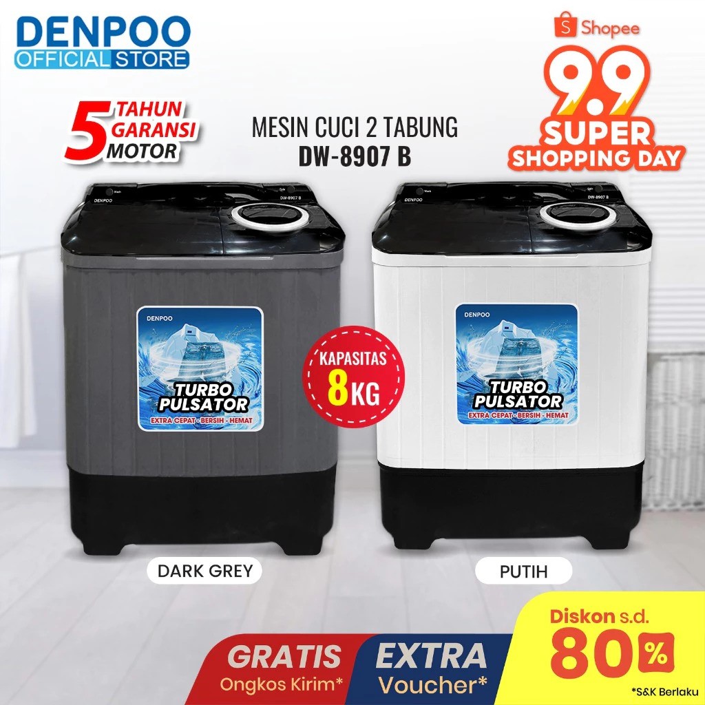Denpoo Mandiri Indonesia  Denpoo Mesin Cuci 2 Tabung  DW-8907B