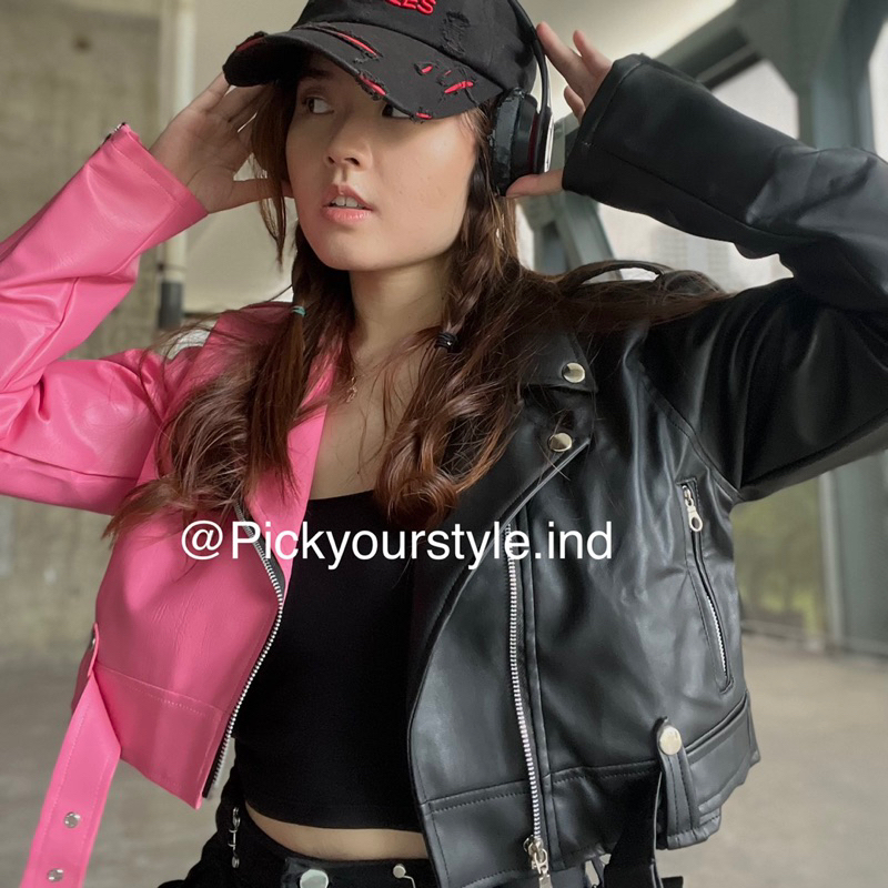 PICKYOURTSYLE.IND Leather Jacket Crop Two Tone