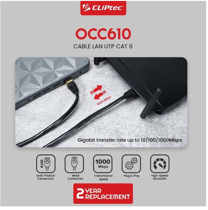 Cliptec Technology Cliptec Cable Lan UTP CAT6 Gold Plated 10 meter OCC610