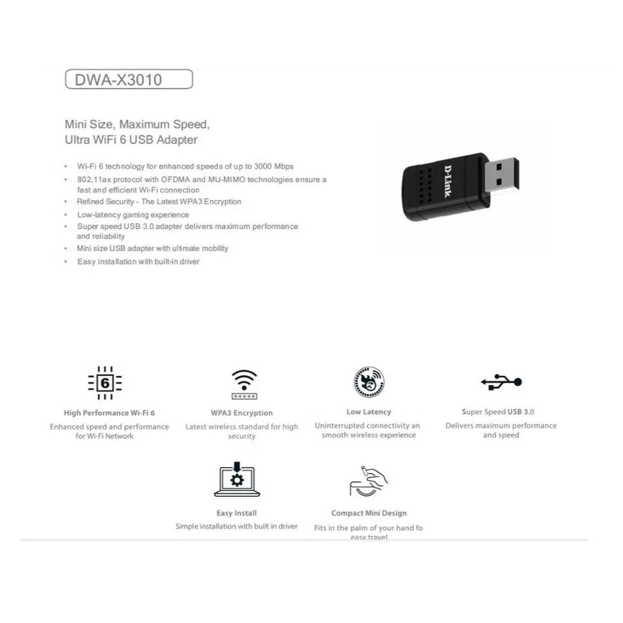 D-Link System Indonesia D-Link Wi-Fi 6 AX3000 MINI Wireless USB3.0 Adapter DWA-X3010