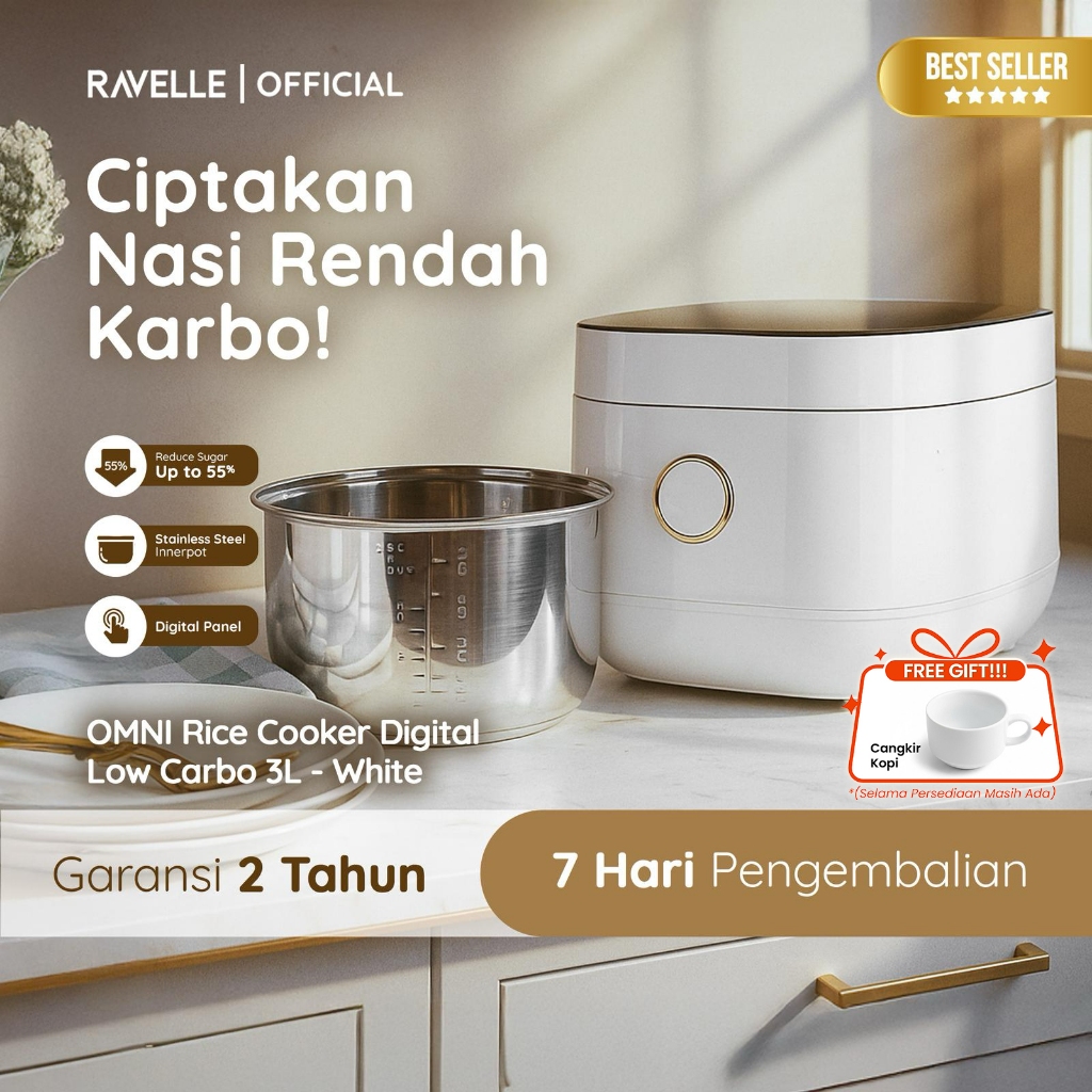 Ravelle Omni Rice Cooker Digital Low Carbo Stainless Steel 1.2 Liter Nasi (3L)