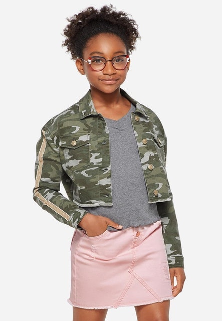 SEQUIN STRIPE CAMO DENIM JACKET