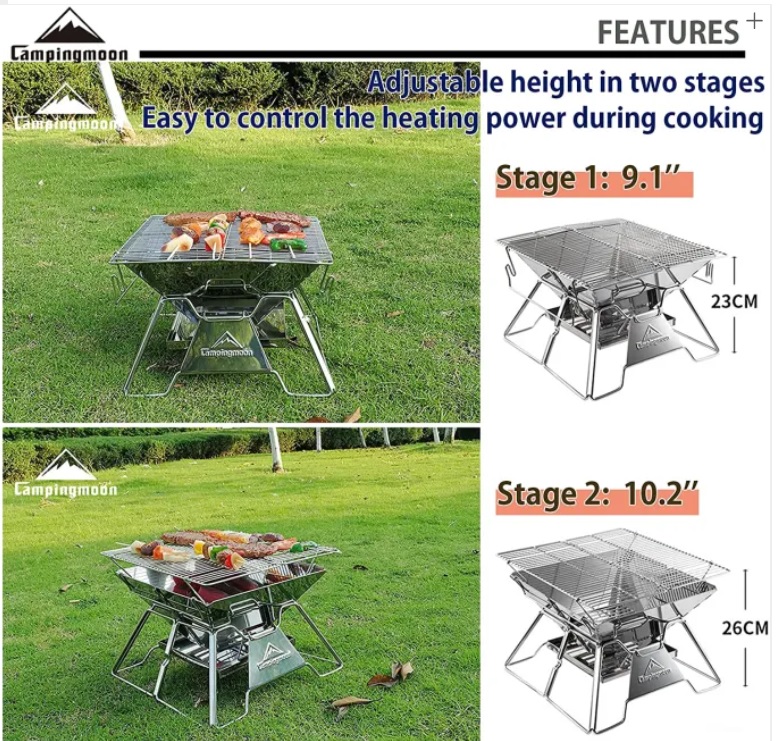 Campingmoon  Stainless Steel Portable Camping Fire Pit Foldable Wood Burning Grill 14-inch with Carrying Bag MT-2