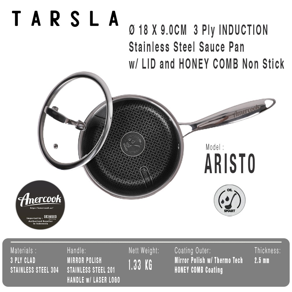  Amercook Sauce Pan Stainless Steel Lid Honey Comb Non-Stick 3-Ply Induction B130SS-0418B