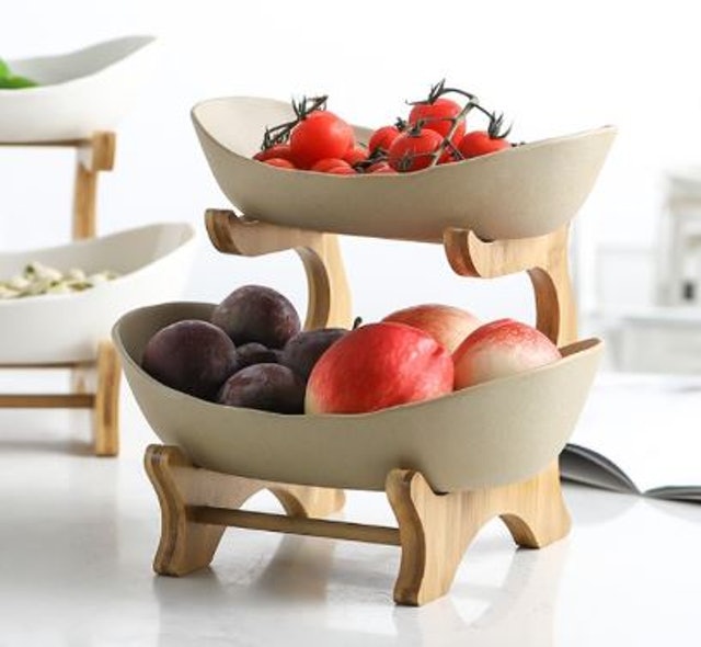 Yutensil Tempat Buah Keramik Tingkat + Tatakan Kayu