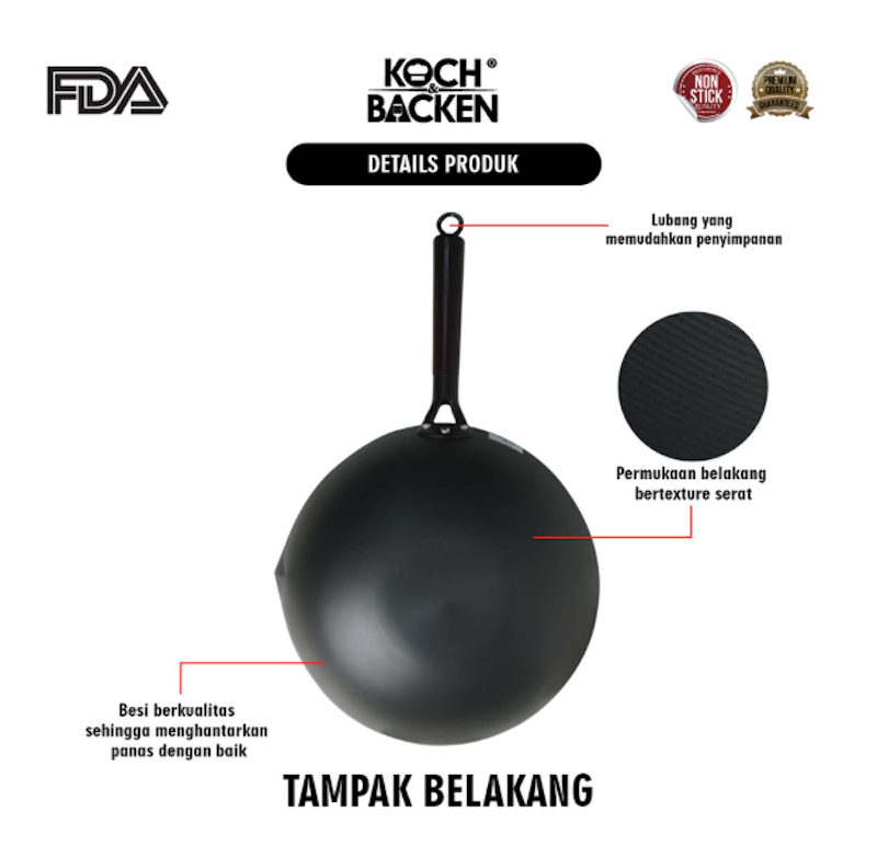 KOCH&BACKEN® Carbon Steel Wok Deep Nitriding Flat Bottom with Wooden Handle 30 cm