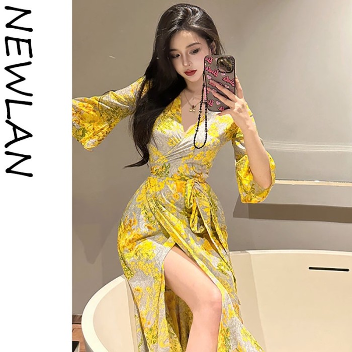 Newlan Newlan Yellow Flower Kimono QZ087 