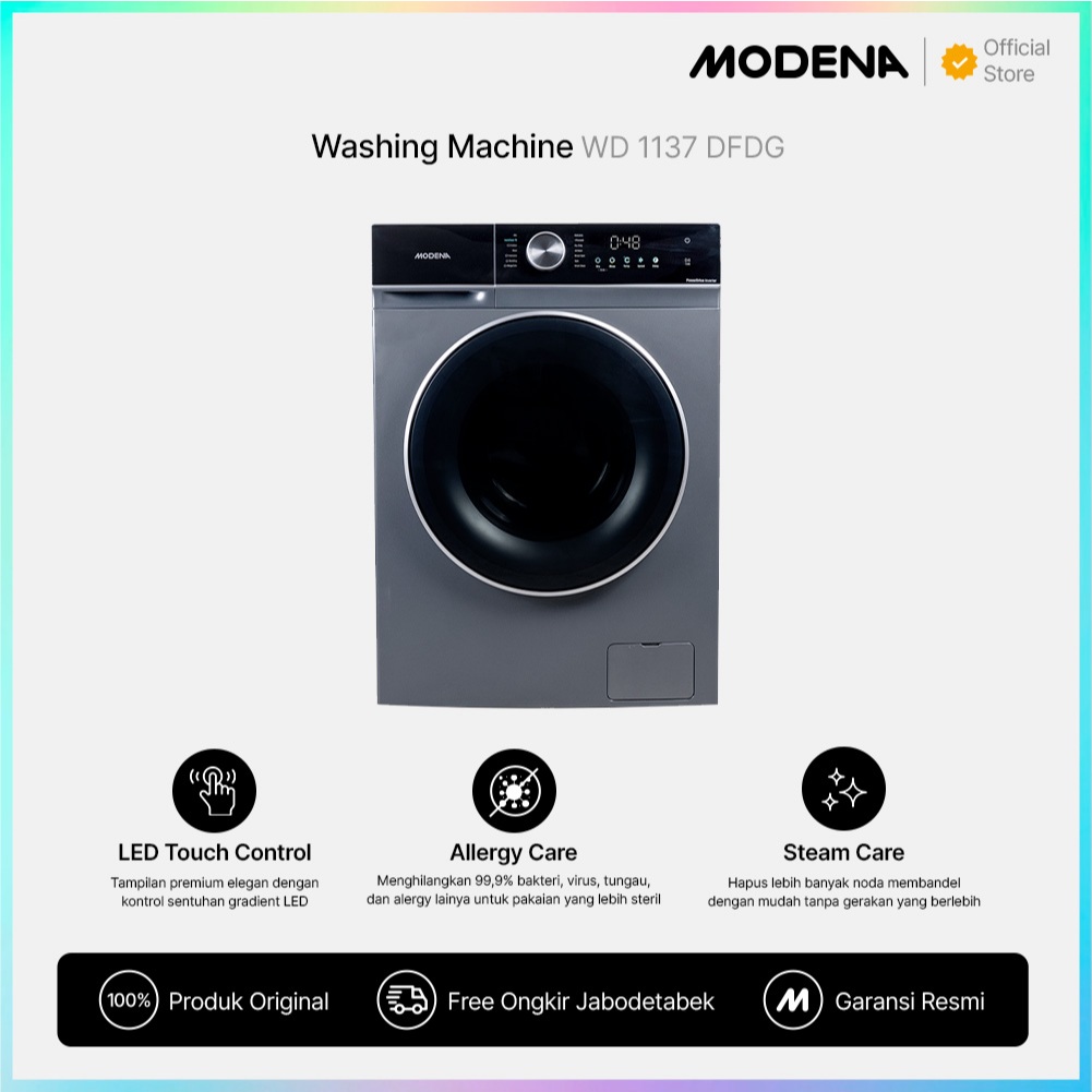 Modena MODENA Mesin Cuci Dan Pengering Front Load 11kg PowerDrive™ Inverter WD 1137 DFDG