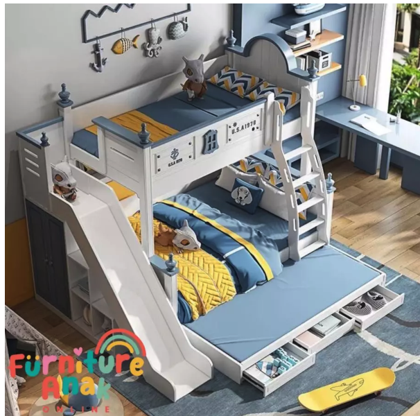 Tempat Tidur Anak Tingkat dengan Perosotan Navy 2
