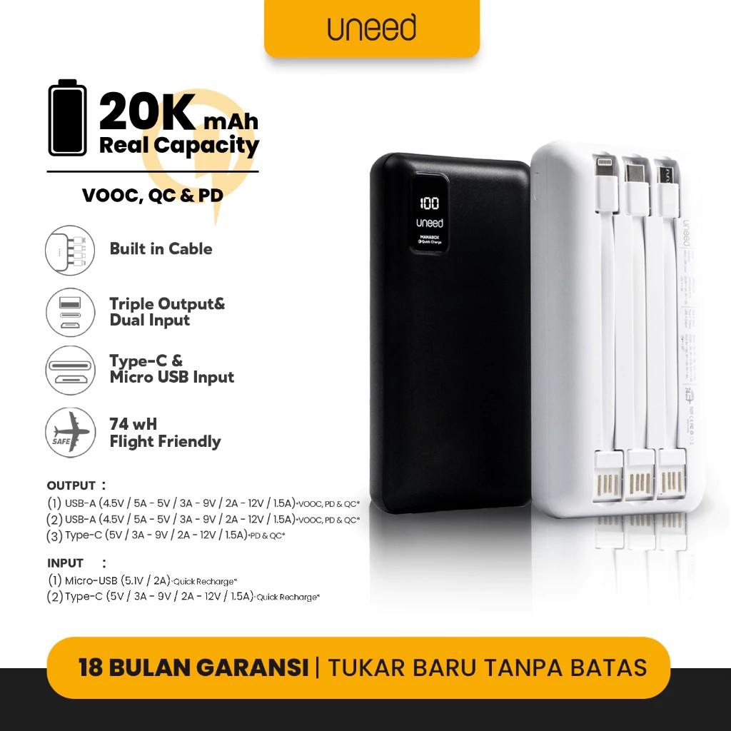 Corner Digital Evolusi UNEED Manabox Series Built-in Cable Powerbank VOOC-QC-PD 20.000 mAh UPB611.2F