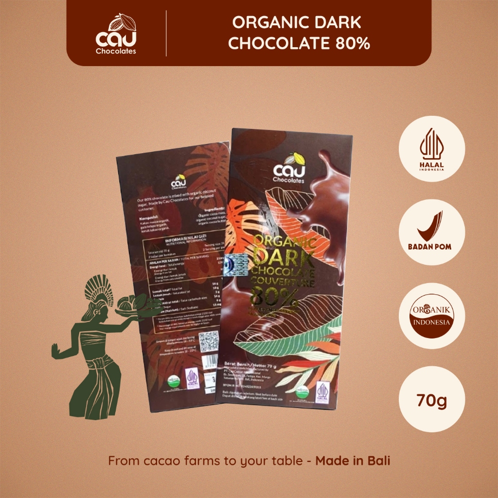 Cau Coklat Internasional Cau Chocolates Organic Dark Chocolate Couverture 80% 70 g
