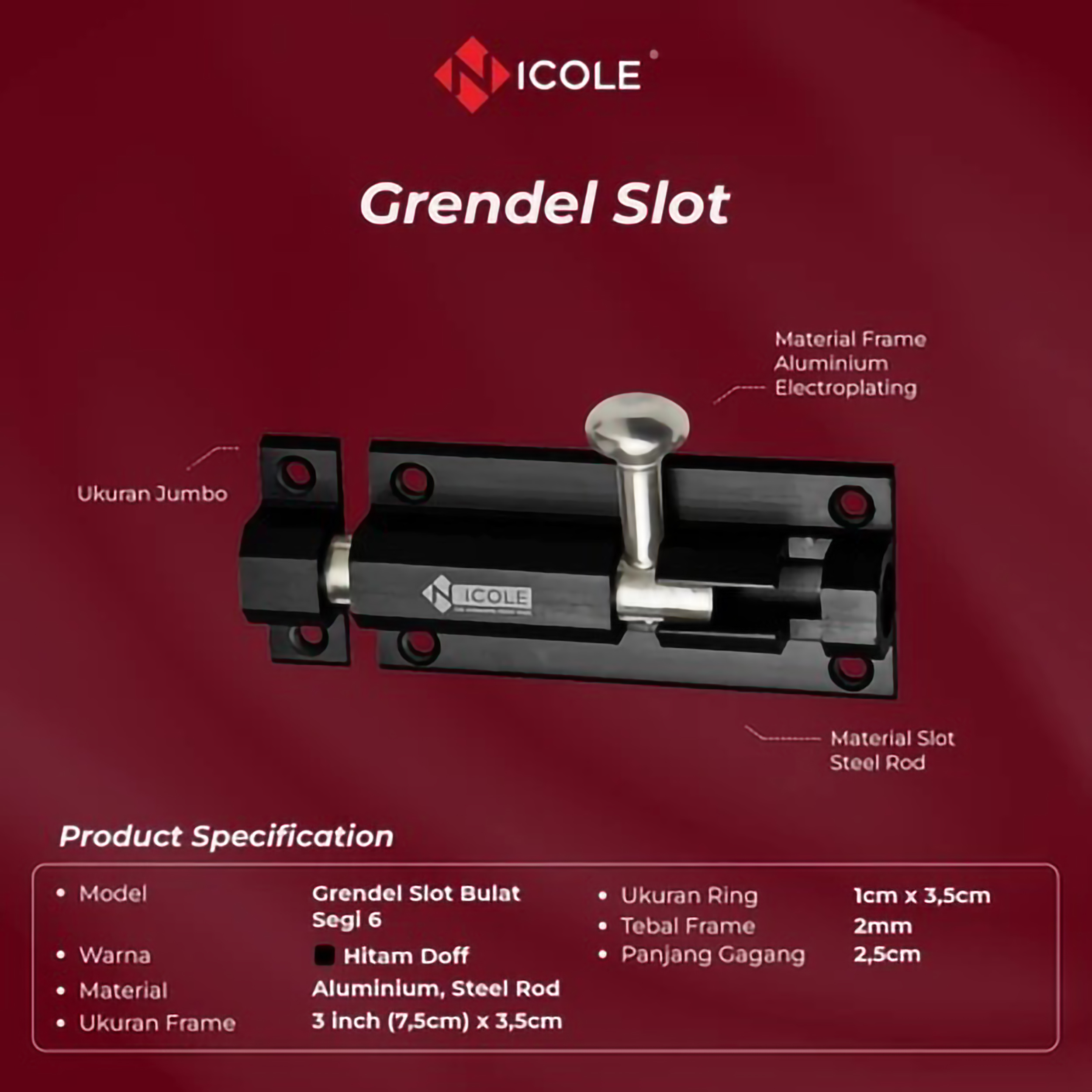 Arga Anggala Sentosa Nicole Grendel Slot Pintu Bulat Segi 6 / Hexagon Door Bolt Black