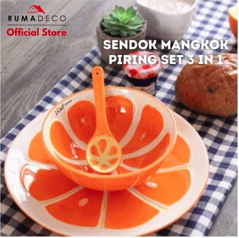  Rumadeco Piring Mangkok Sendok Keramik Set Motif Buah