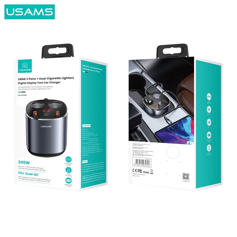 USAMS Charger Mobil Dual Cigarette Lighters Fast Car Charge 5